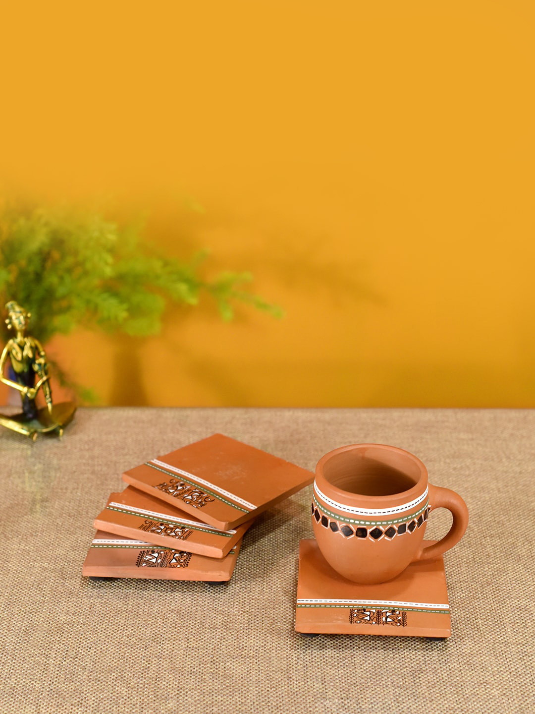 AAKRITI ART CREATIONS Set Of 4 Brown Warli Art Earthen Coasters