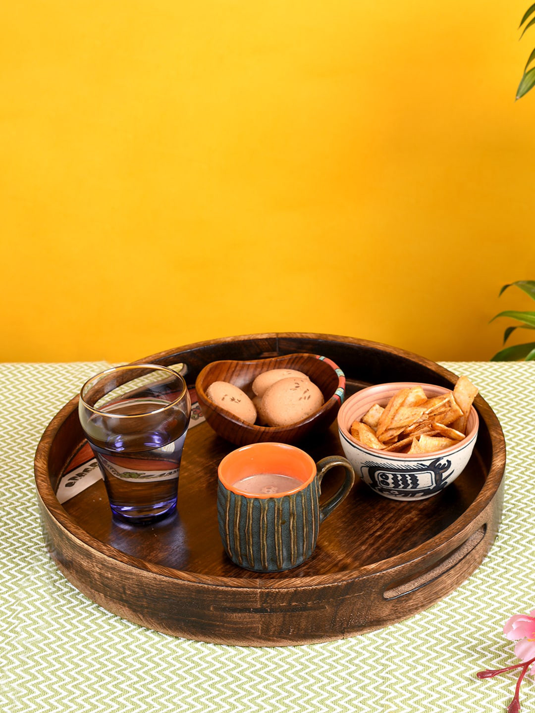 AAKRITI ART CREATIONS Brown & Orange Handpainted Round Wooden Tray