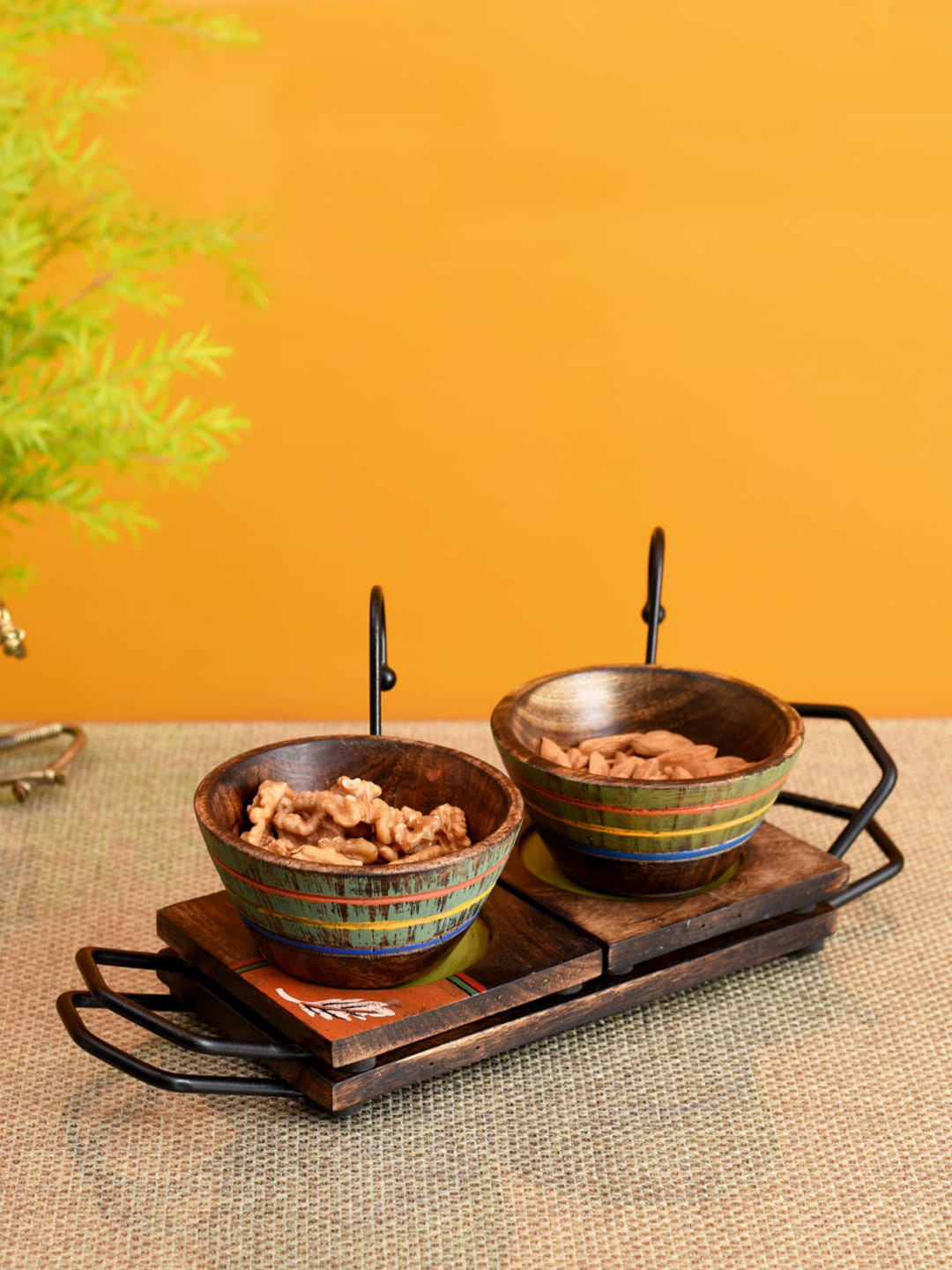 AAKRITI ART CREATIONS Brown & Green Printed 5-Pieces Bowl & Tray Set