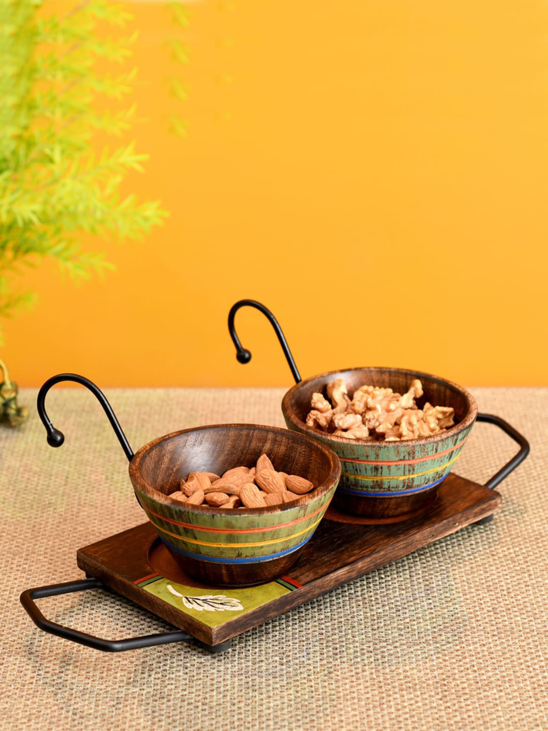 AAKRITI ART CREATIONS Brown & Green 3-Pieces Bowls With Rectangular Tray Set