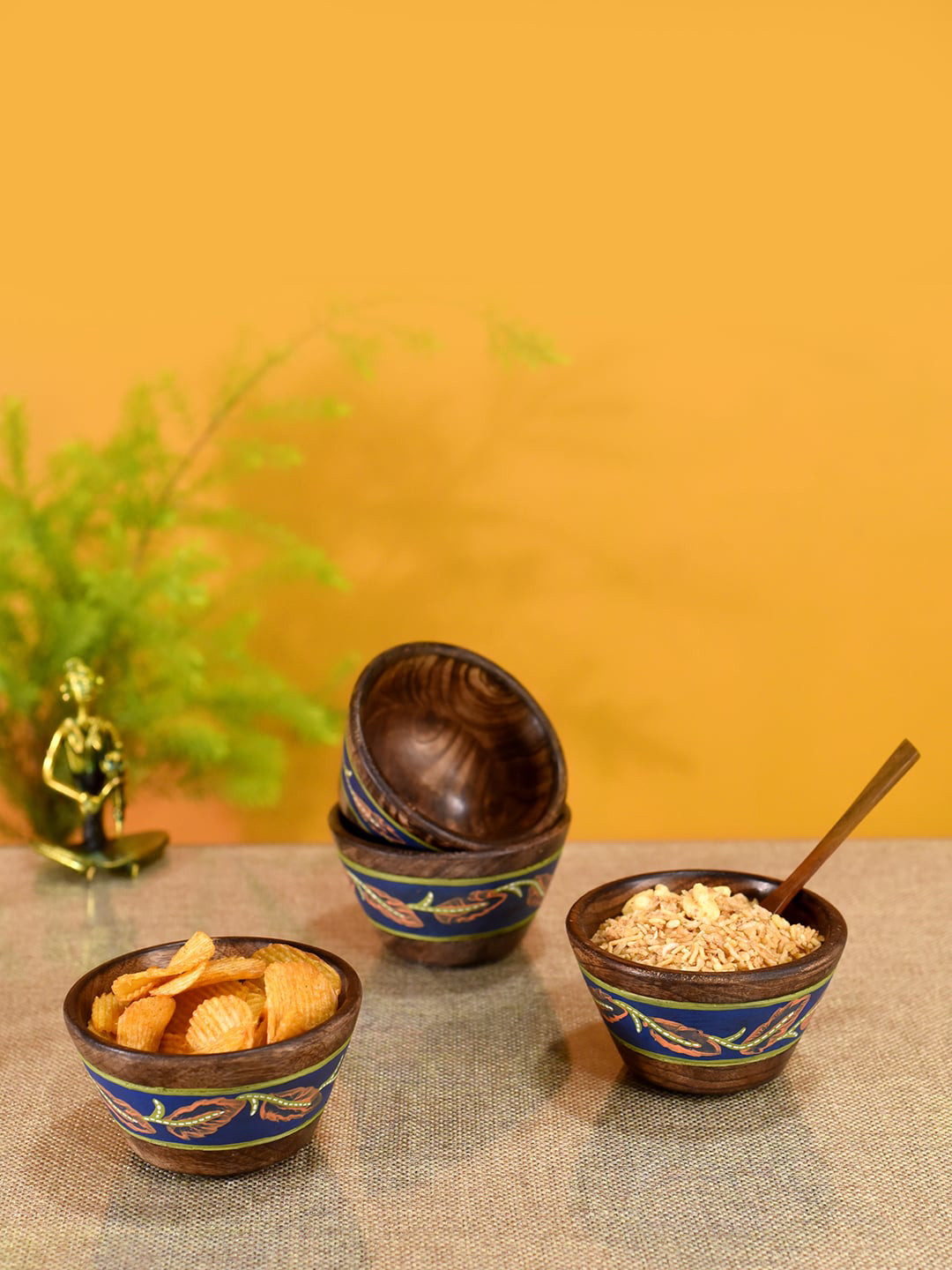 AAKRITI ART CREATIONS Brown & Blue 4 Pieces Hand Painted Matte Bowls