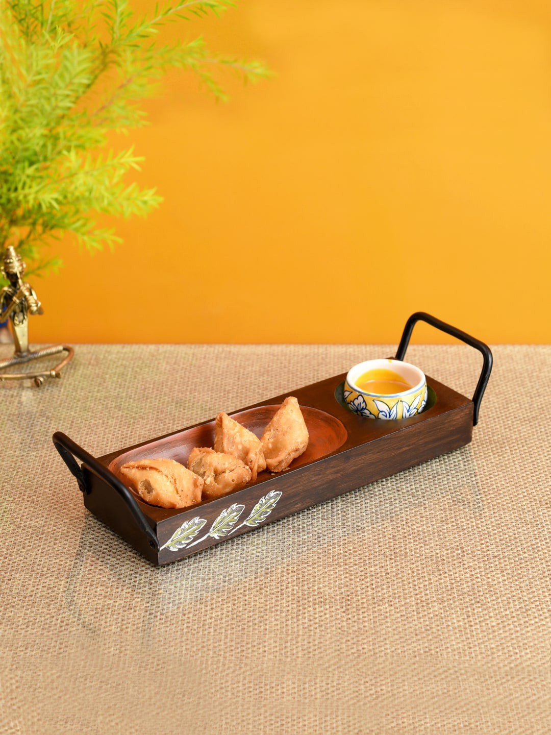 AAKRITI ART CREATIONS Brown Chip N Dip Server Tray with Sleek Metal Handle