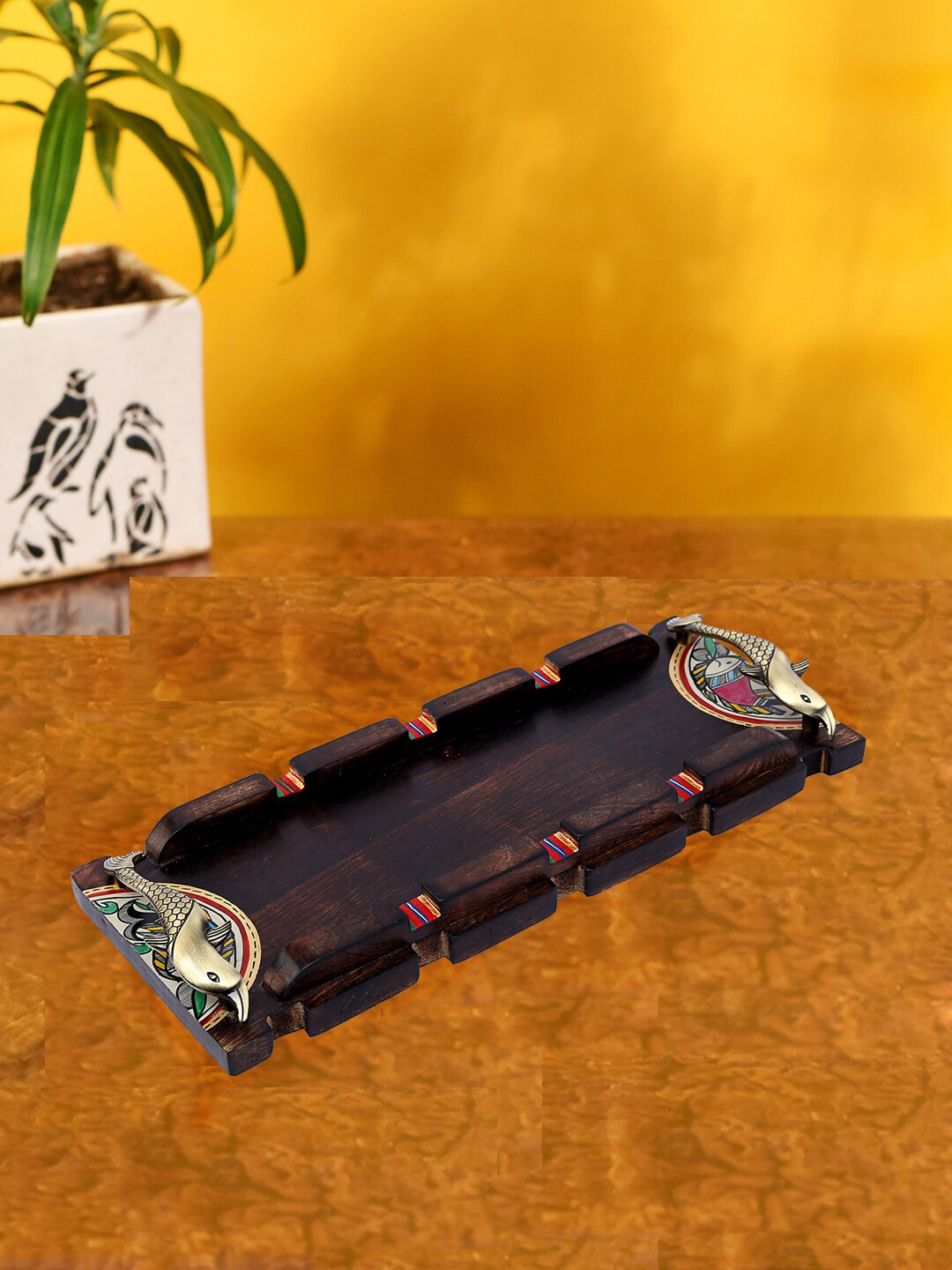 AAKRITI ART CREATIONS Brown Warli Painted Tray With Fish Handles