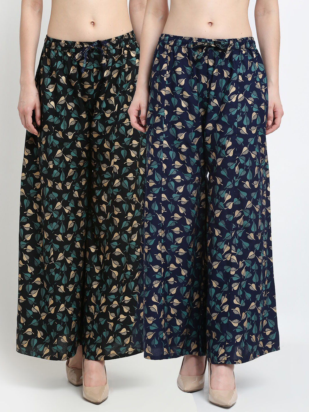 GRACIT Women Pack Of 2 Black & Navy Blue Leaves Printed Flared Palazzos