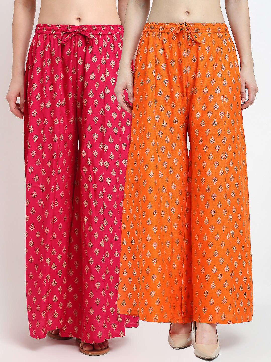 GRACIT Women Pink & Orange Set of 2 Ethnic Motifs Printed Knitted Palazzos