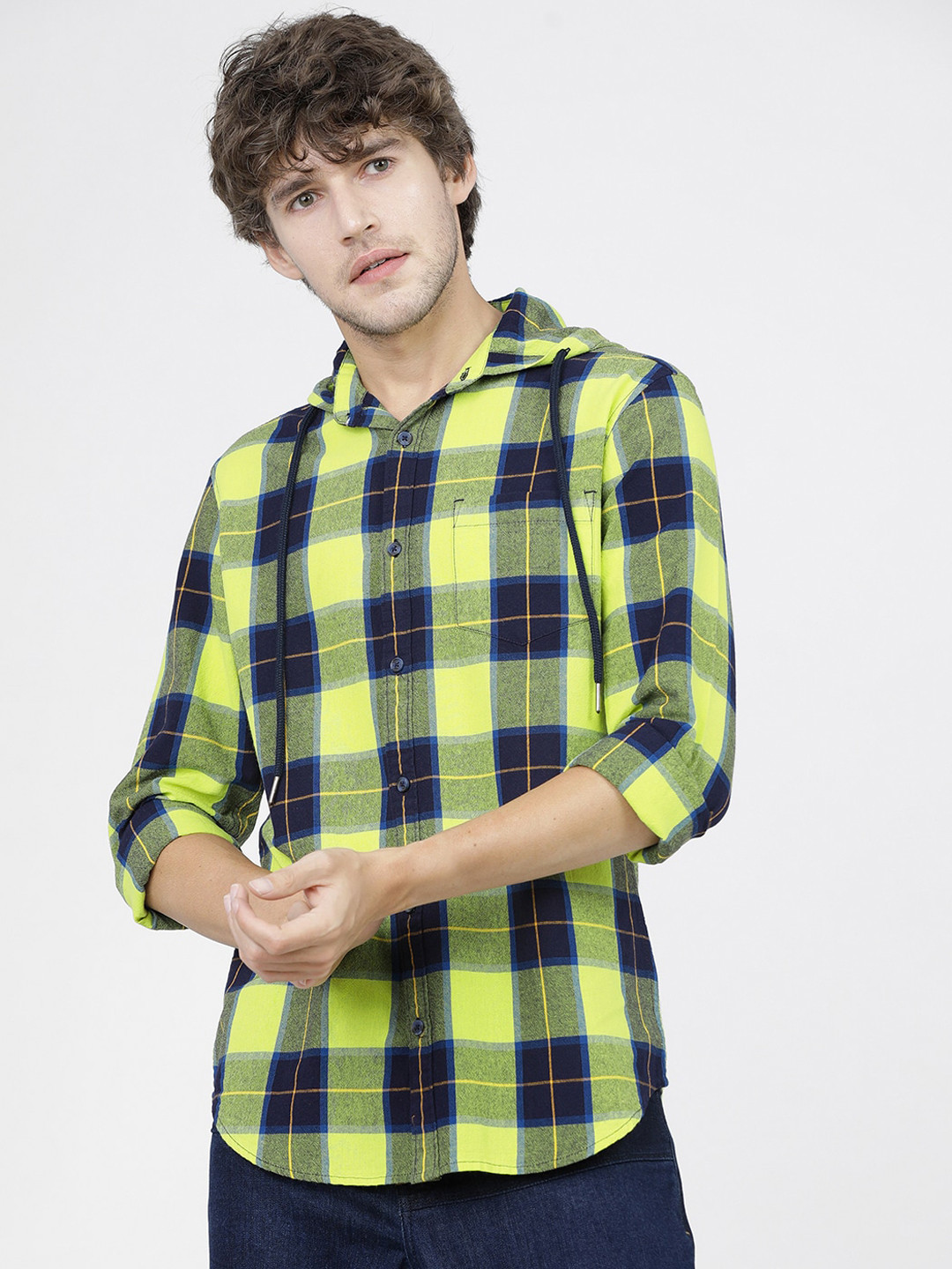 HIGHLANDER Men Lime Green & Navy Blue Slim Fit Buffalo Checked Hooded Cotton Casual Shirt