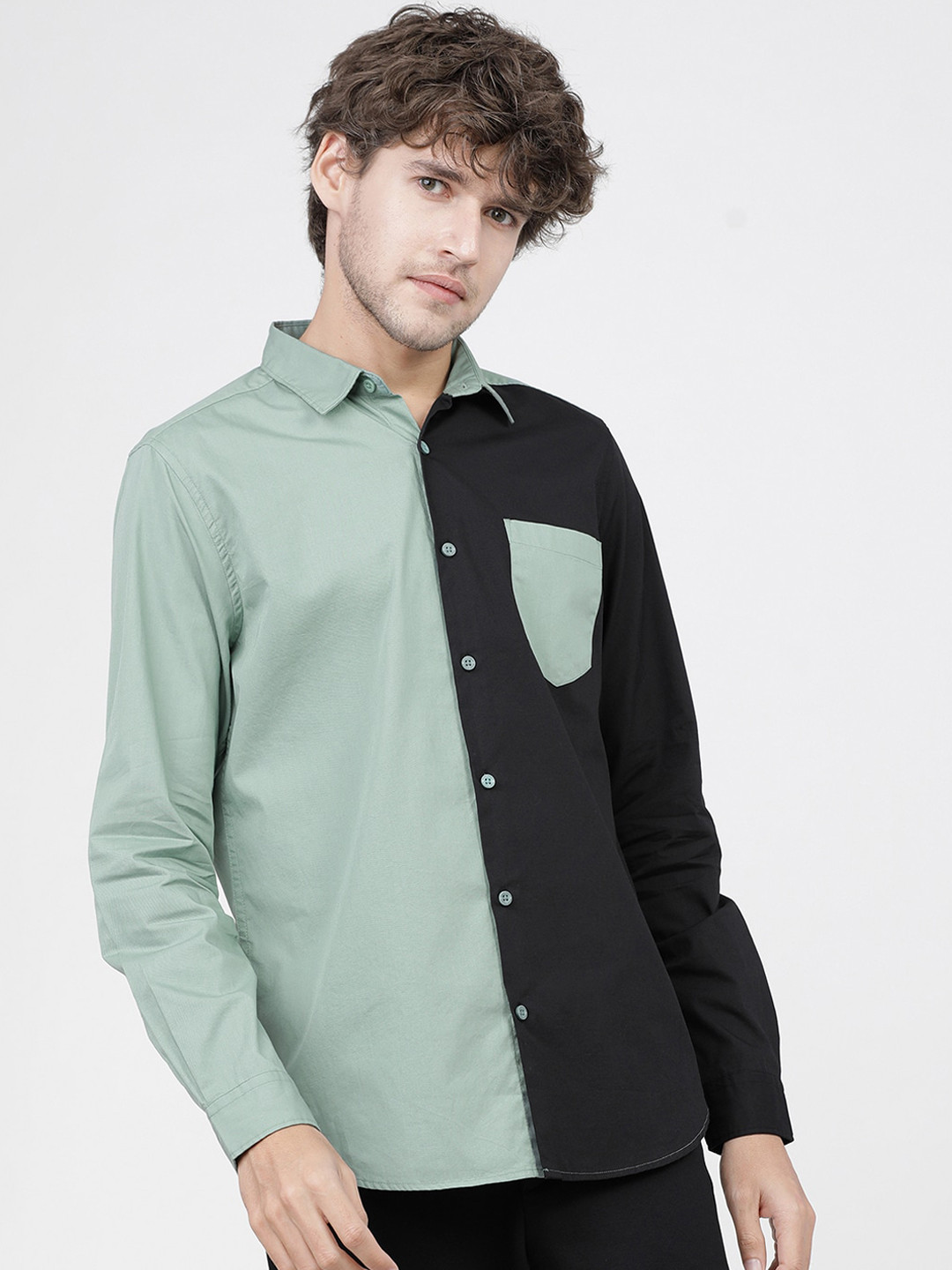 HIGHLANDER Men Green Slim Fit Opaque Colourblocked Casual Shirt