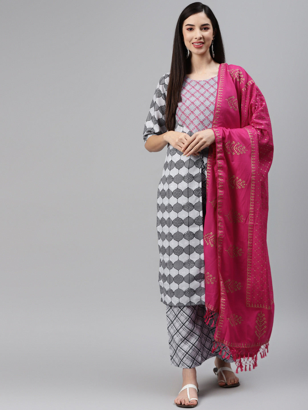 Sasimo Women Grey Printed Regular Thread Work Kurta with Palazzos & Dupatta