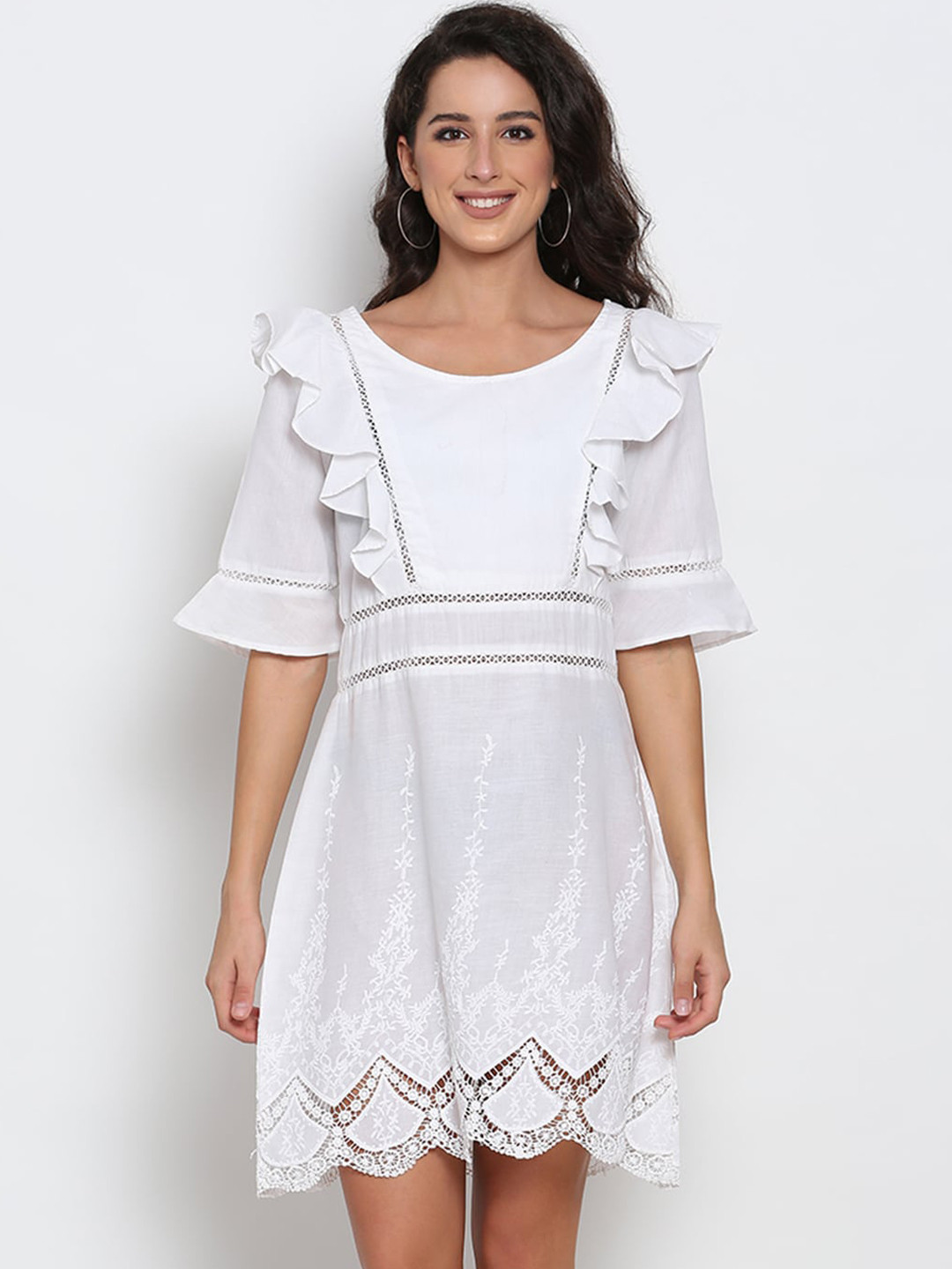 MARC LOUIS Women White Lace Embroidered A-Line Dress