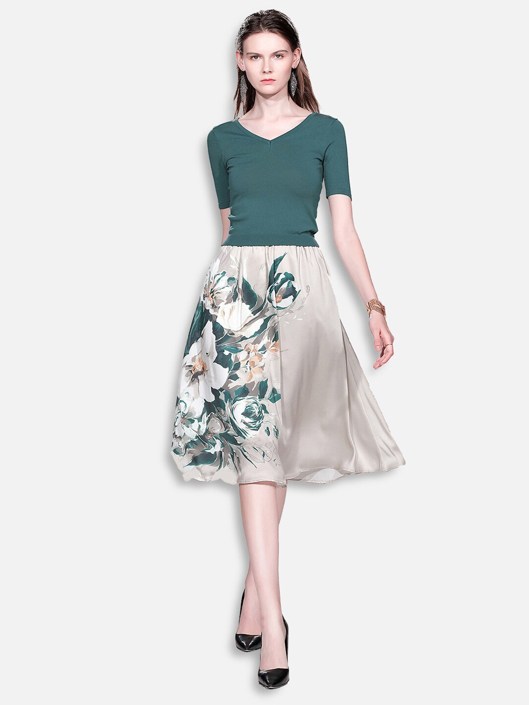 JC Collection Women Green & Grey Top with Skirt