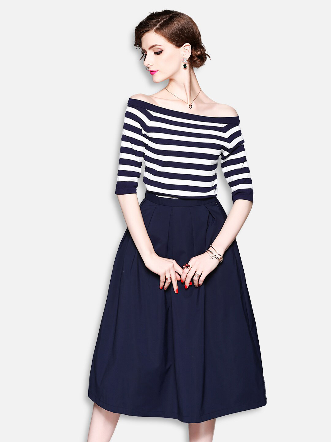 JC Collection Women Blue & White Striped Top with Skirt