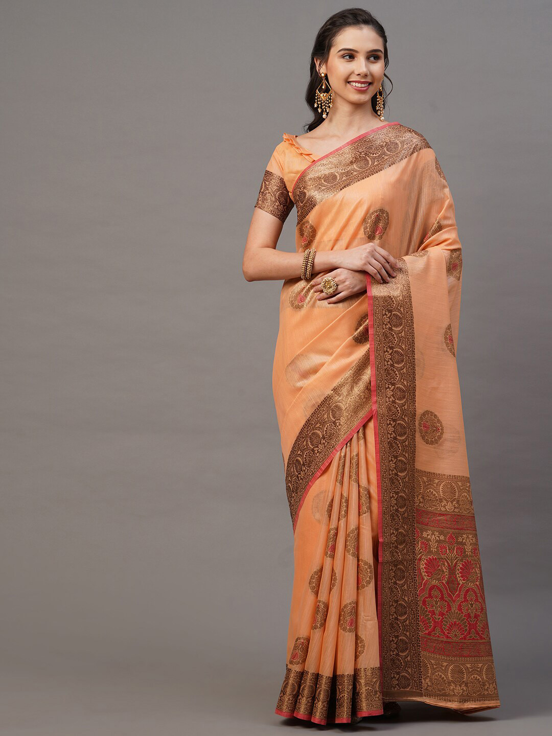 Mitera Peach-Coloured & Copper Ethnic Motifs Silk Blend Banarasi Saree