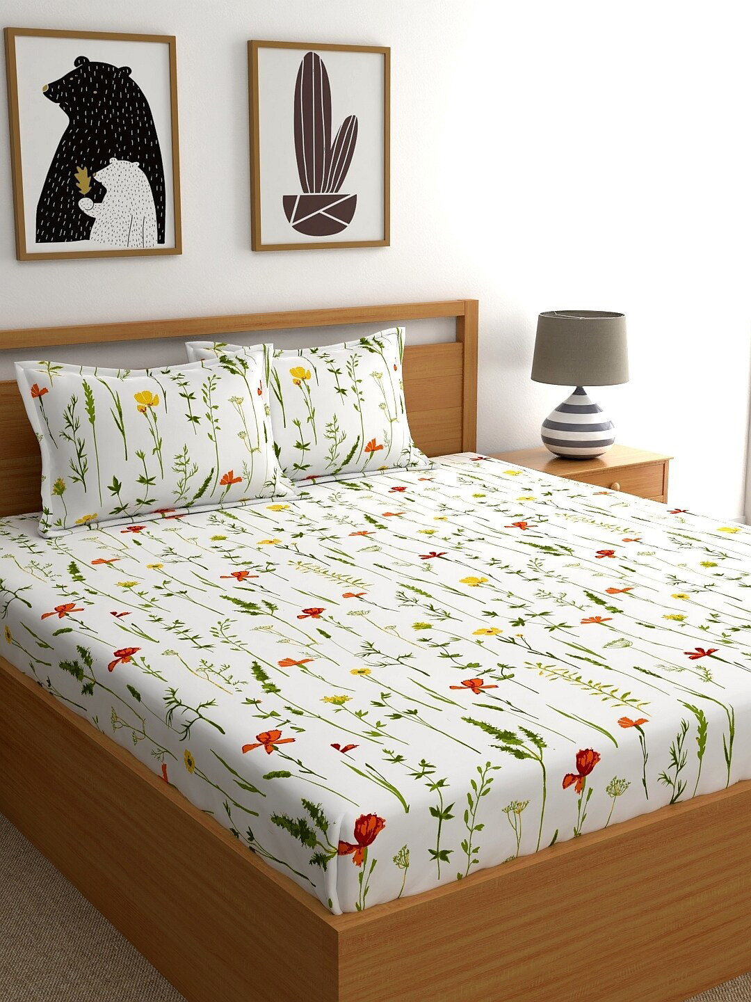 Home Ecstasy White Floral Pure Cotton 140 TC Super King Bedsheet with 2 Pillow Covers-108 x 108 inches