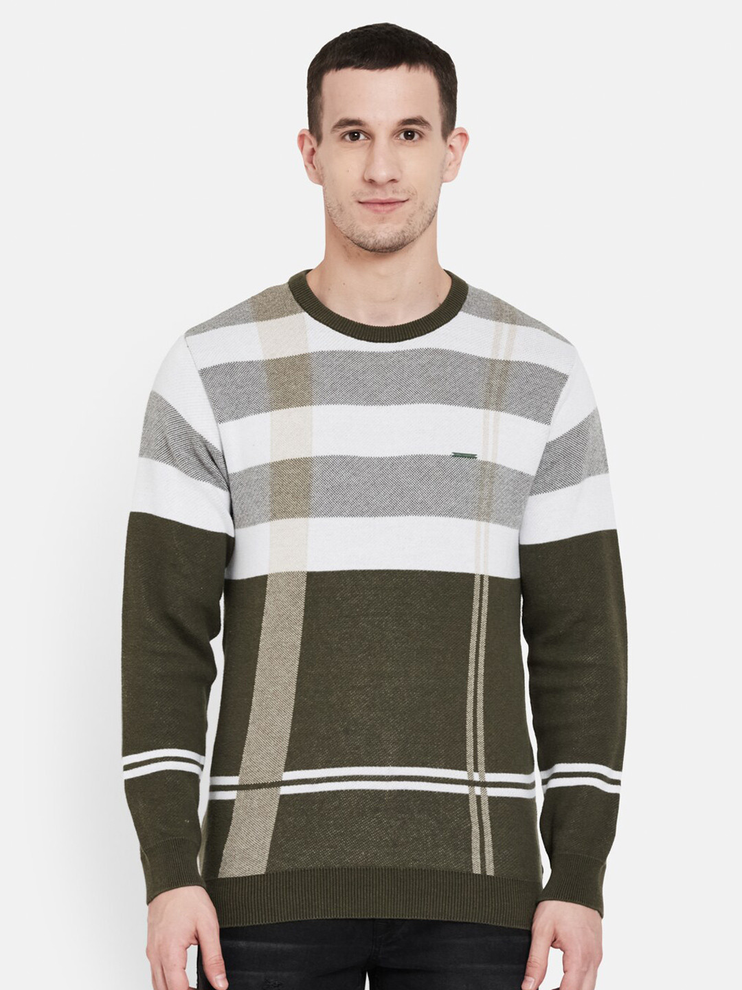 Duke Men Olive Green & White Colourblocked Pullover