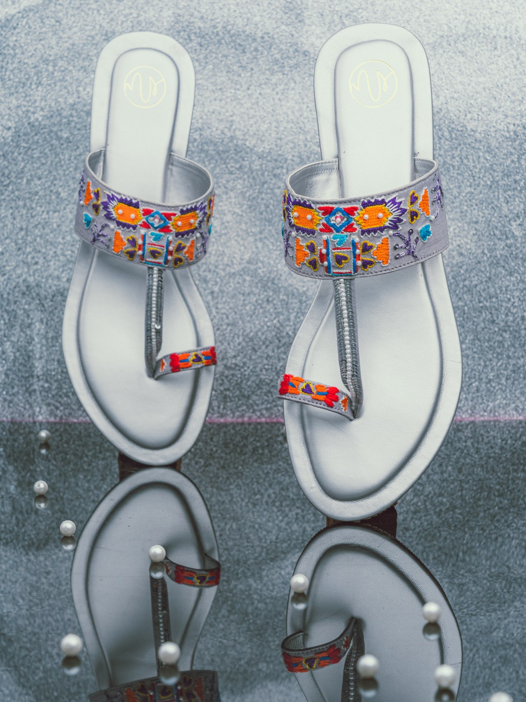 NR By Nidhi Rathi Women Blue & Silver-Toned Hand Embellished One Toe Flats