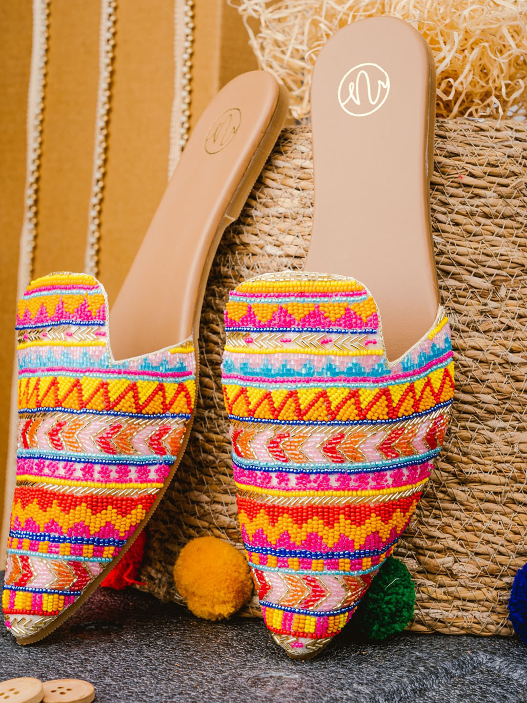 NR By Nidhi Rathi Women Yellow & Pink Embellished Ethnic Mules