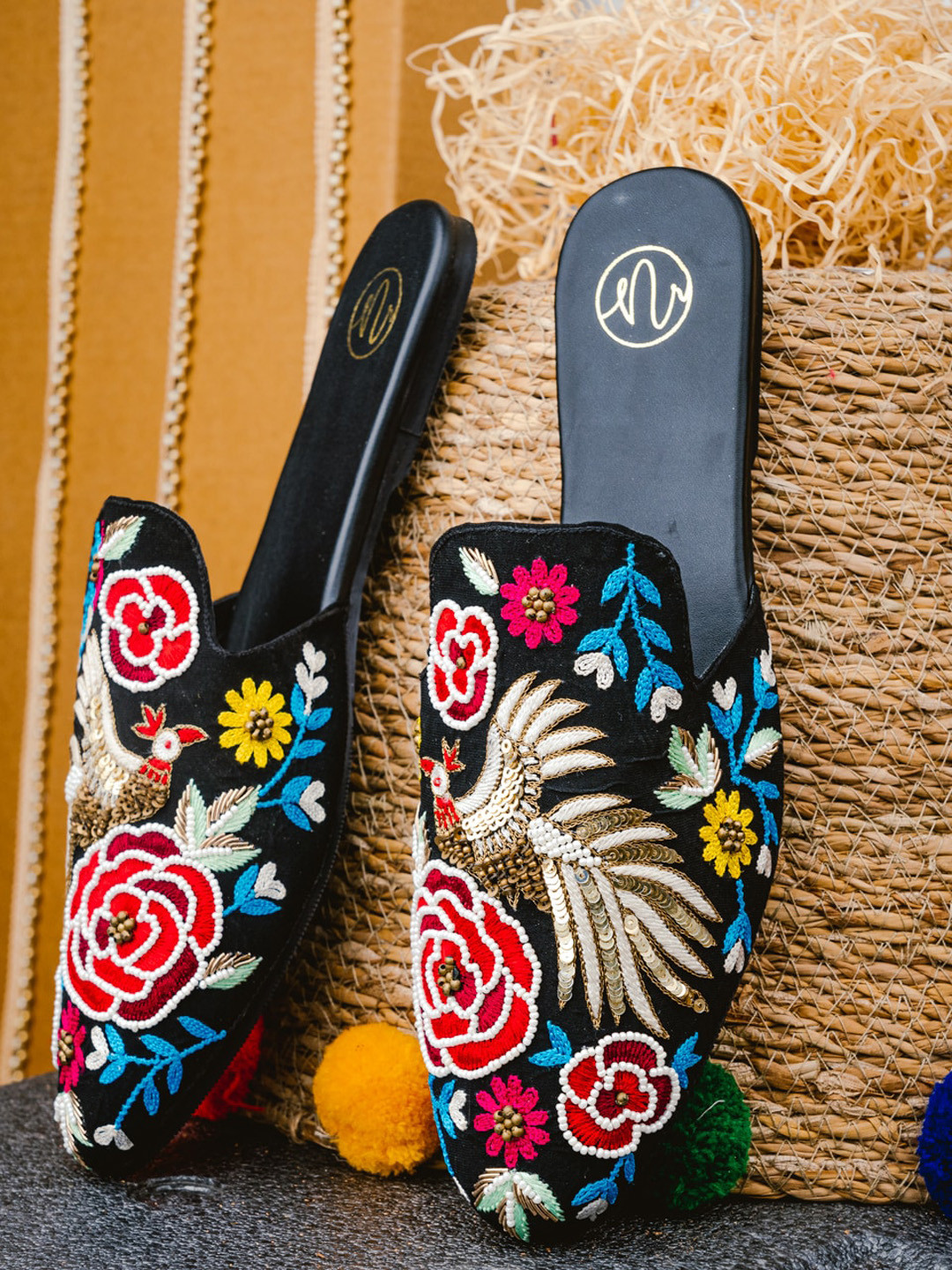 NR By Nidhi Rathi Women Black Embroidered Mule Flats