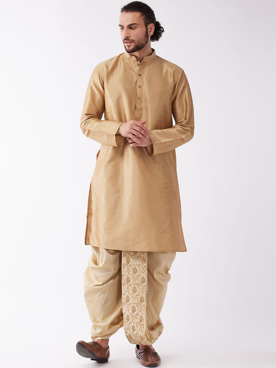 VASTRAMAY Men Rose Gold Layered Kurta with Dhoti Pants