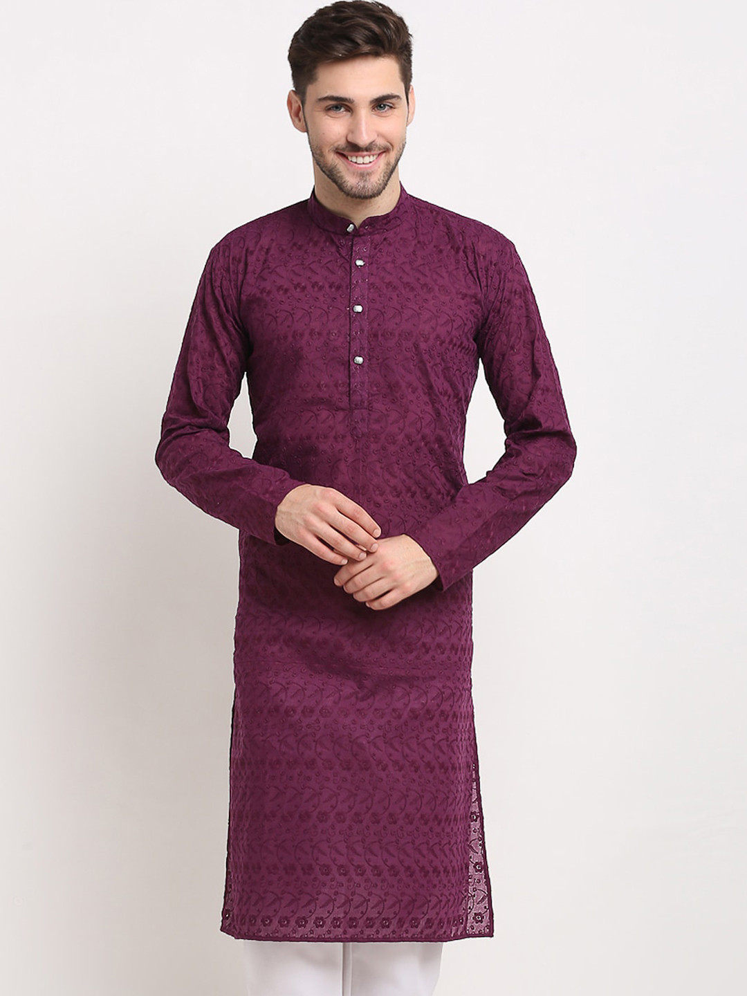 Jompers Men Burgundy Thread Work Kurta