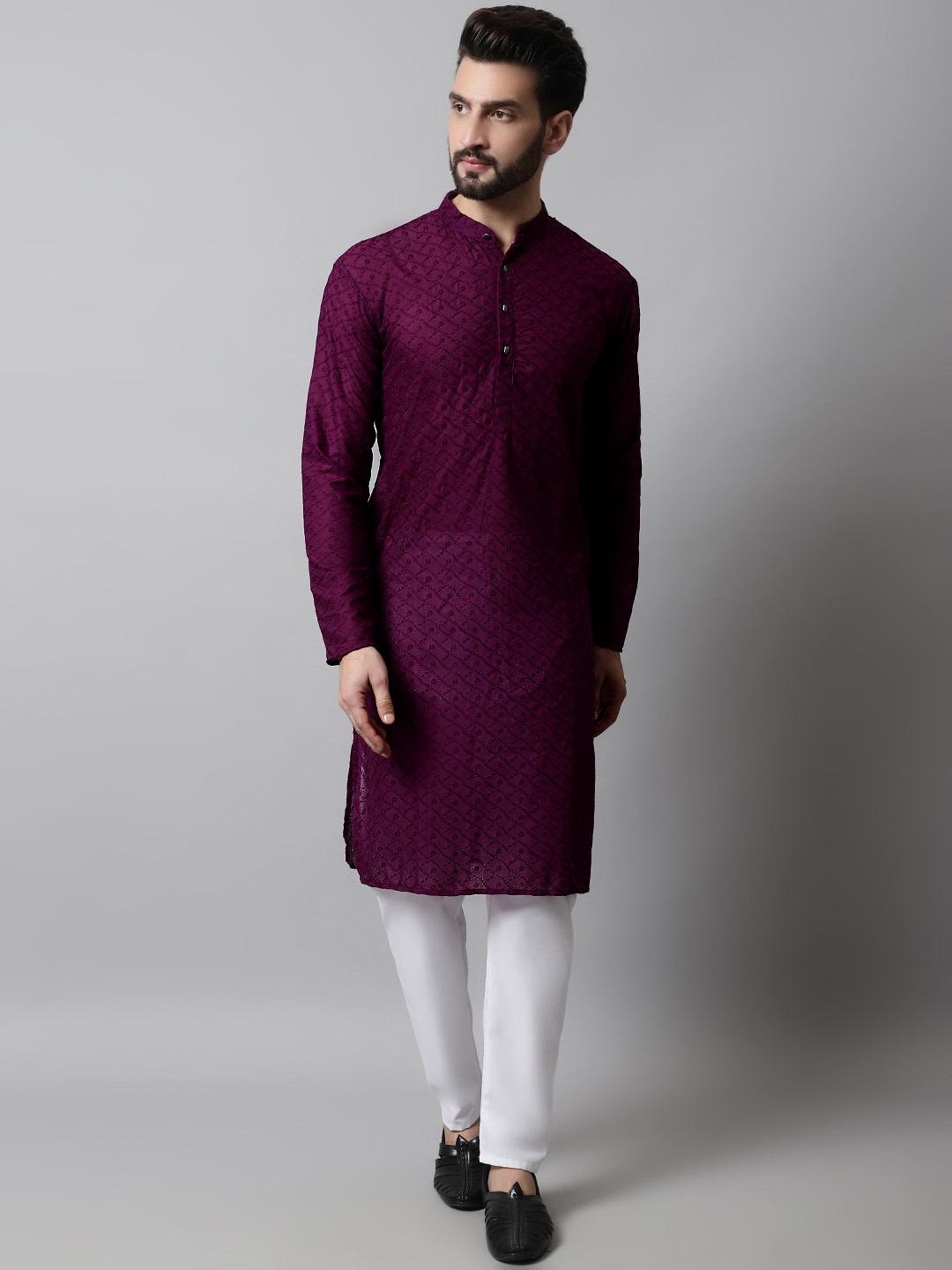 Jompers Men Purple Regular Thread Work Pure Cotton Kurta with Pyjamas