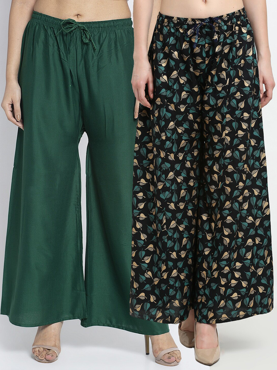 GRACIT Women Green & Black Printed & Plain Pack of 2 Palazzos