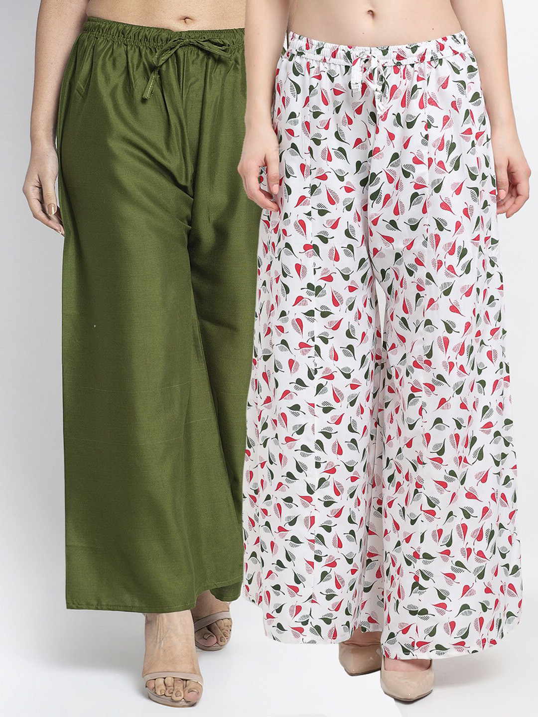 GRACIT Women White & Green Printed & Plain Pack of 2 Palazzos