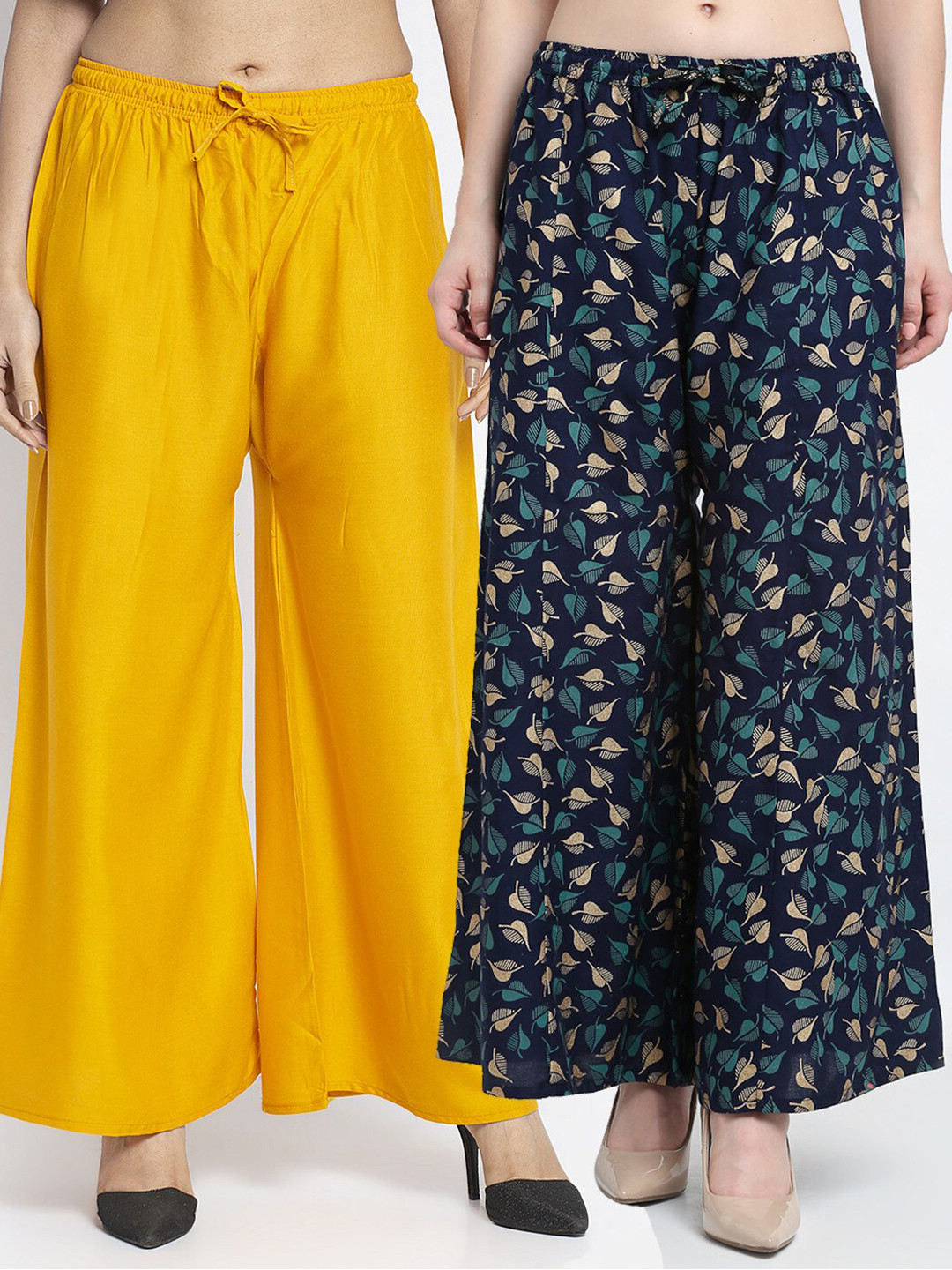 GRACIT Women Yellow & Navy Blue Set Of 2 Wide Leg Knitted Palazzos