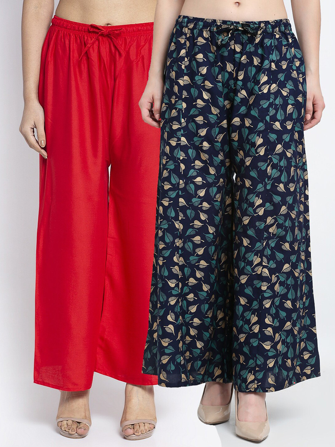 GRACIT Pack-2 Women Red & Navy Blue Floral Printed Knitted Ethnic Palazzos