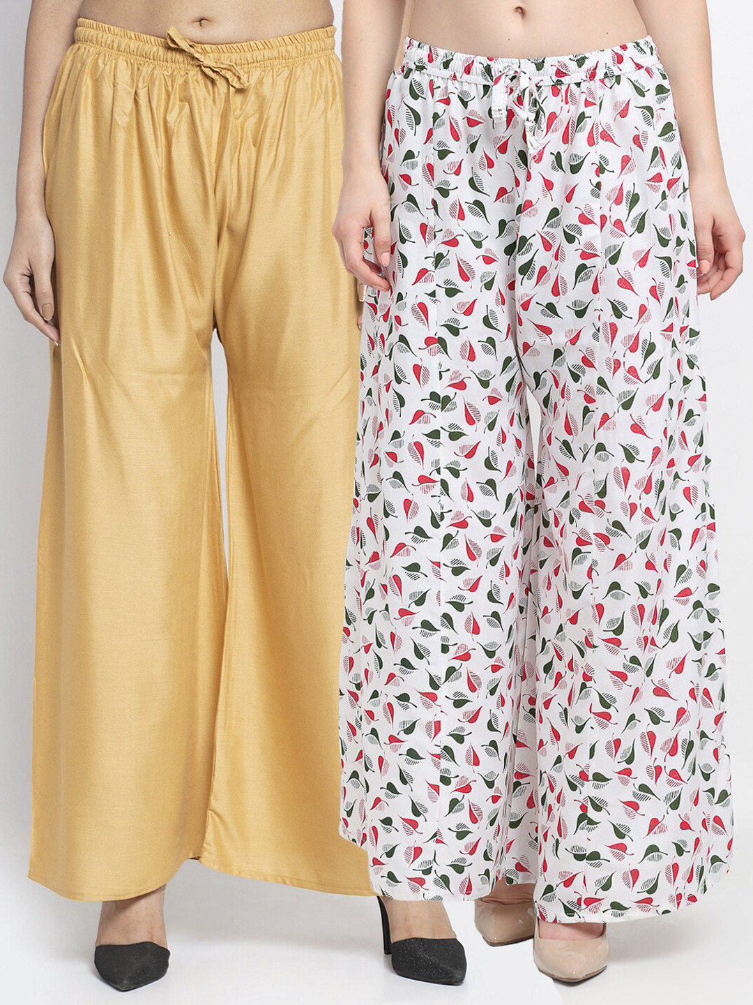 GRACIT Women Beige & White Set Of 2 Wide Leg Knitted Palazzos