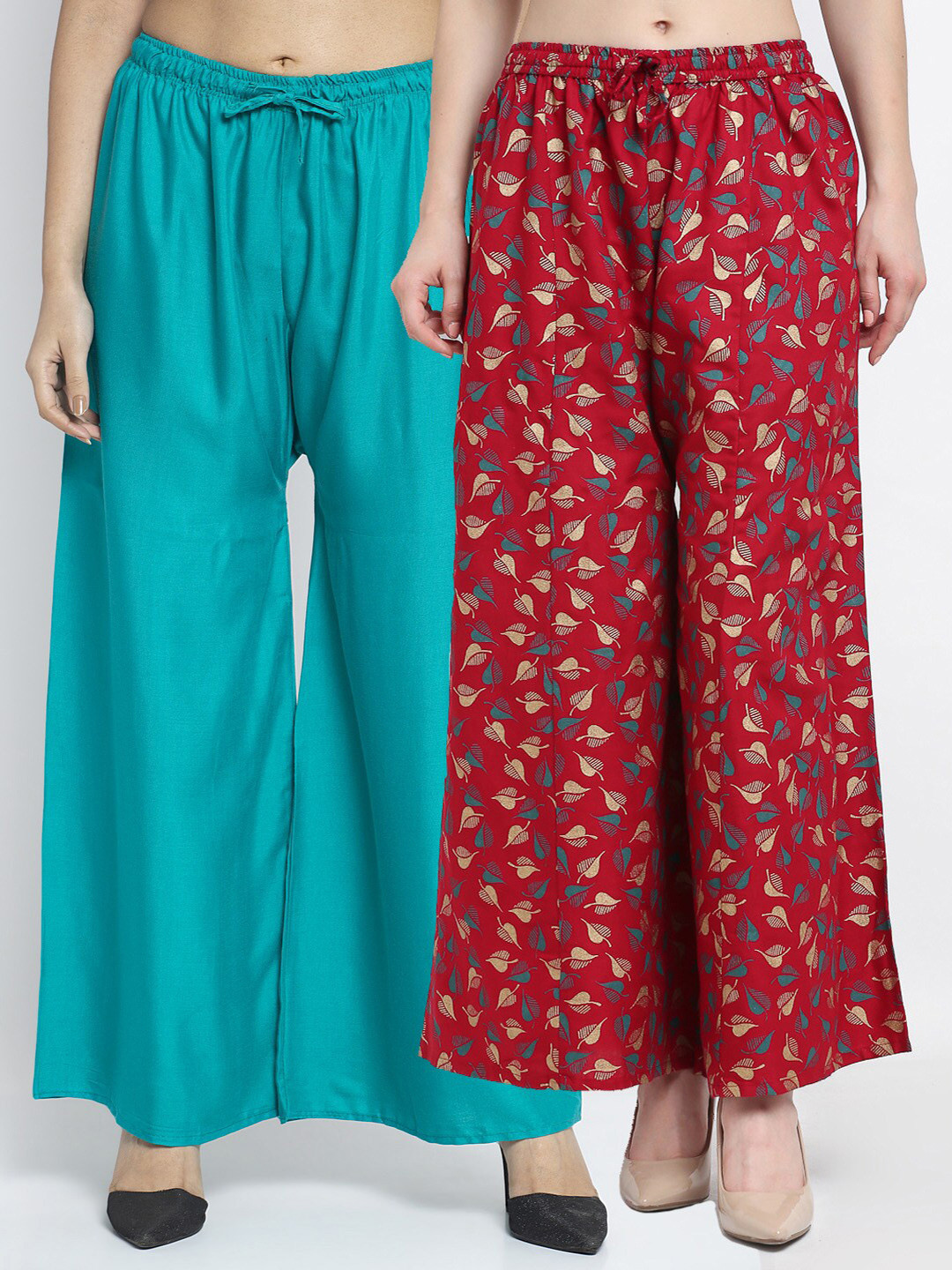 GRACIT Women Pack Of 2 Sea Green & Red Printed Flared Palazzos