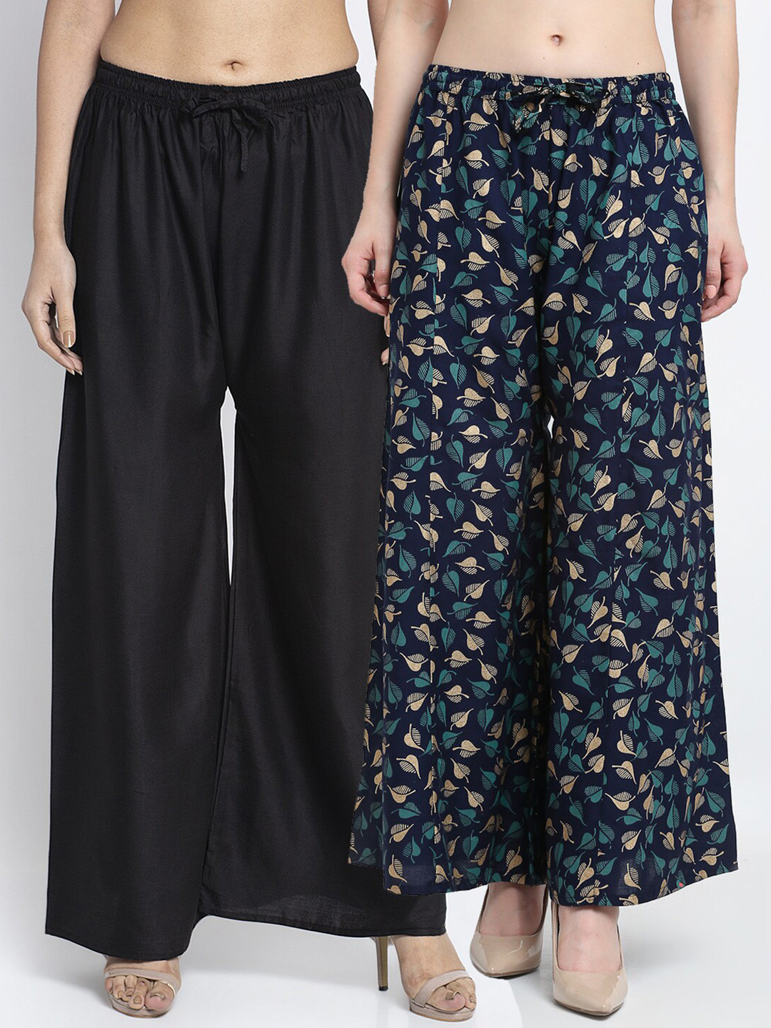 GRACIT Women Black & Navy Blue Printed & Plain Pack of 2 Palazzos
