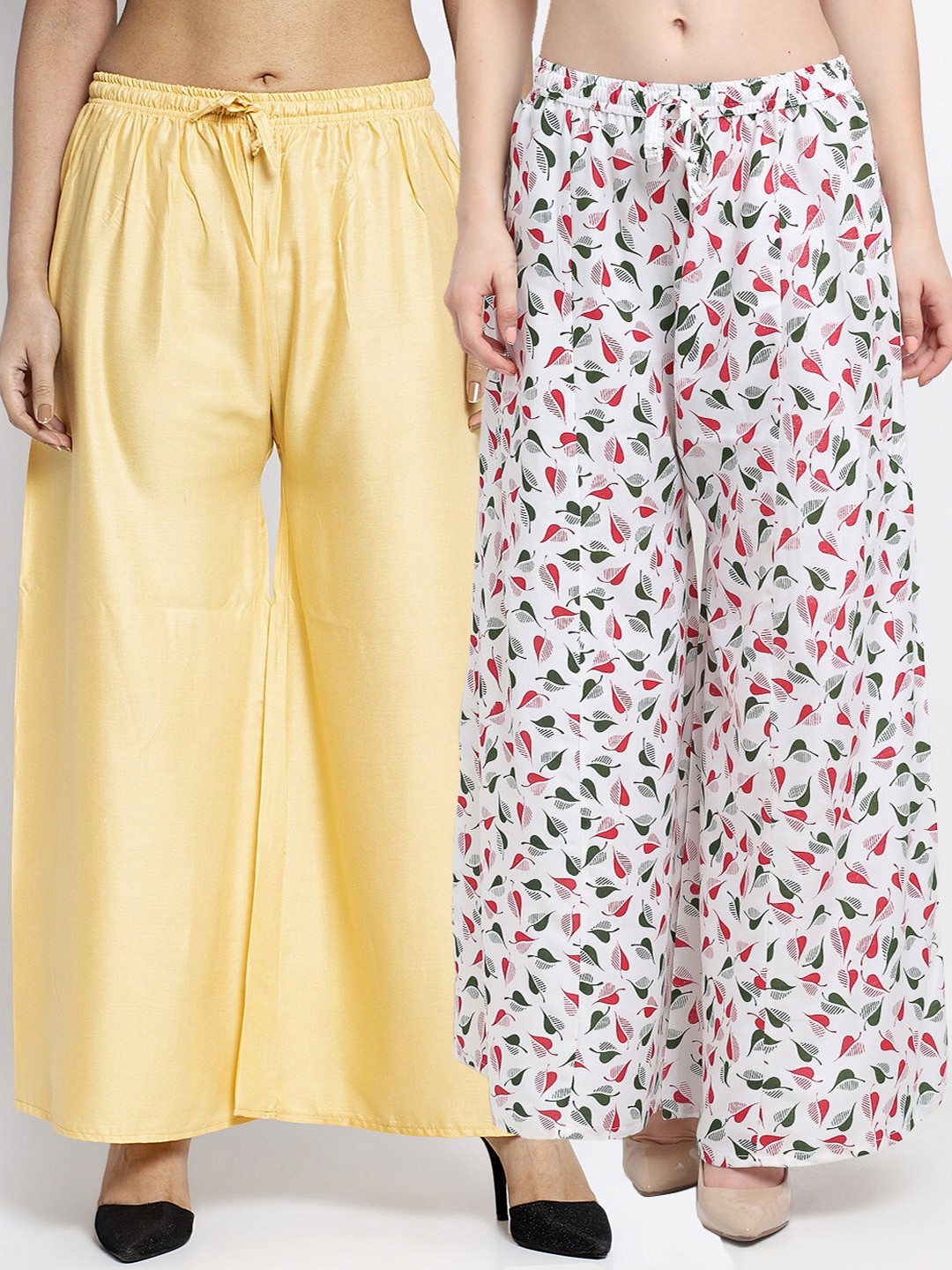 GRACIT Women Beige & White Set Of 2 Wide leg Knitted Palazzos