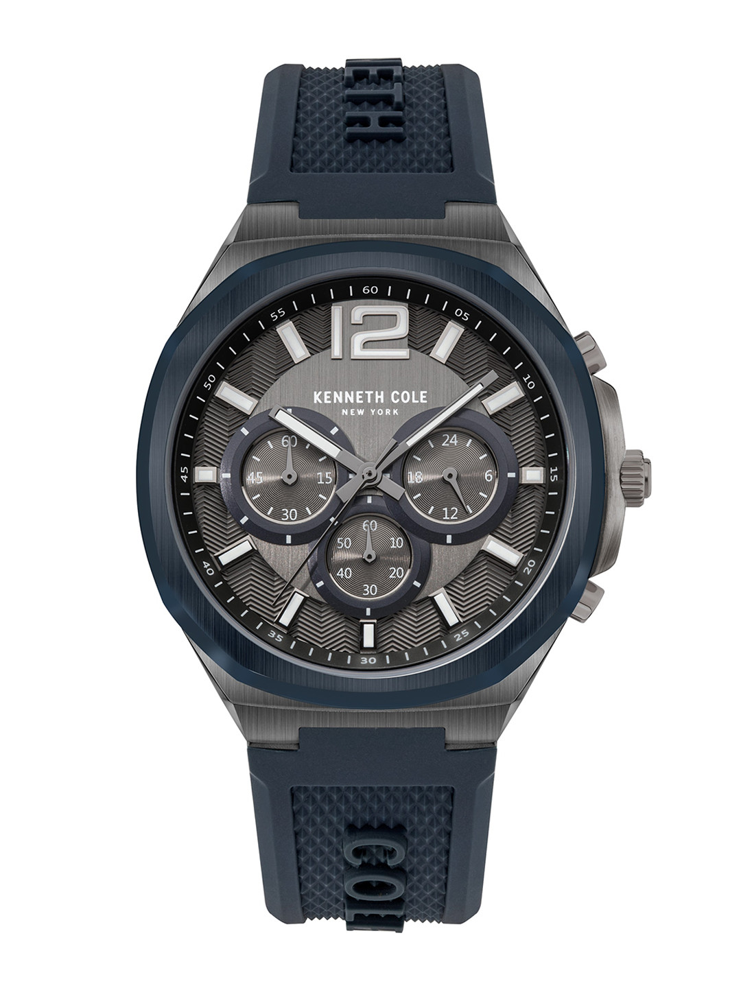 Kenneth Cole Men Gunmetal-Toned Printed Dial & Blue Straps Analogue Watch - KCWGO2104903MN