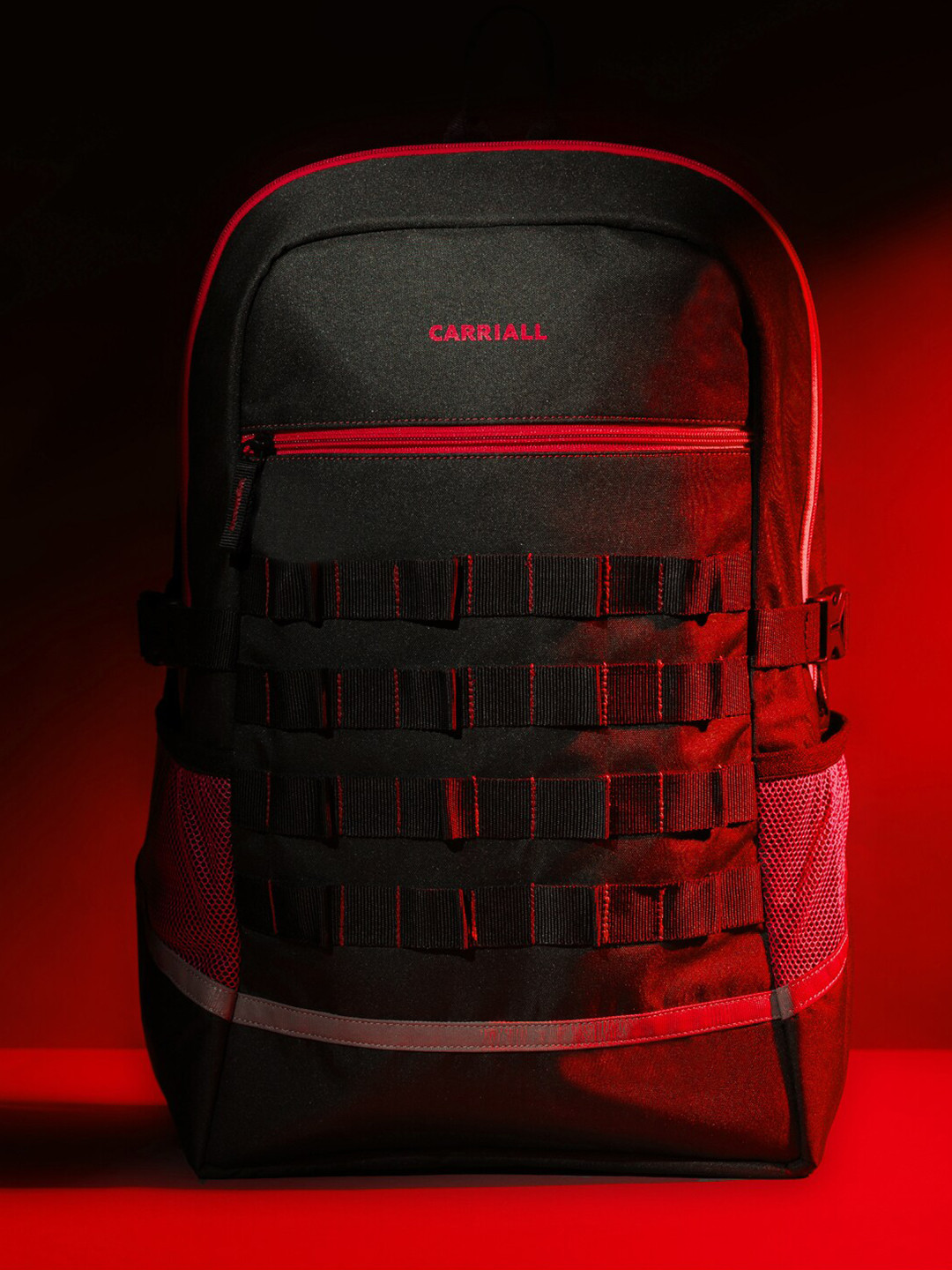 CARRIALL Unisex Black & Red Backpack with Reflective Strip