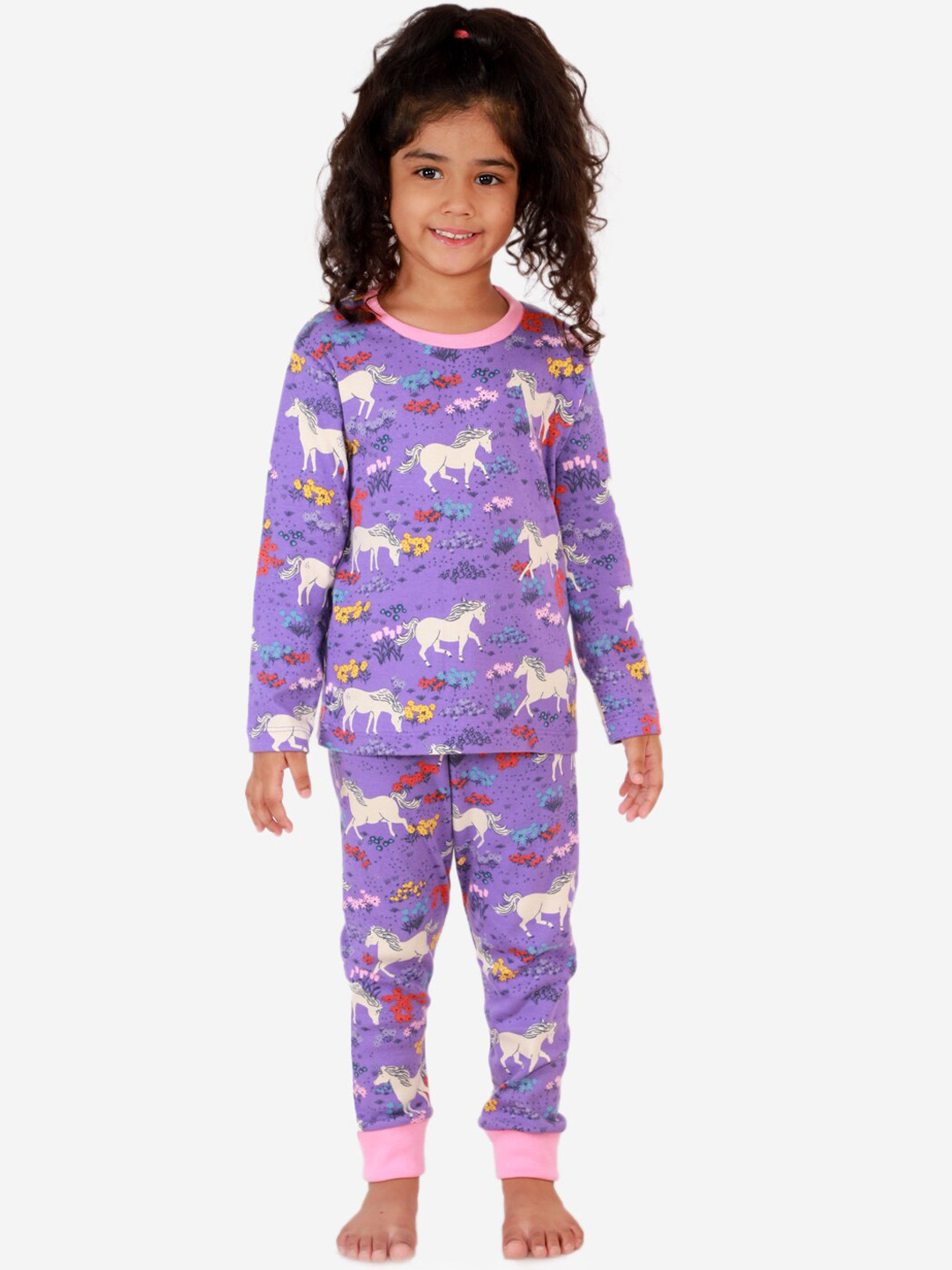 Lazy Shark Girls Purple & White Graphic Printed Night suit