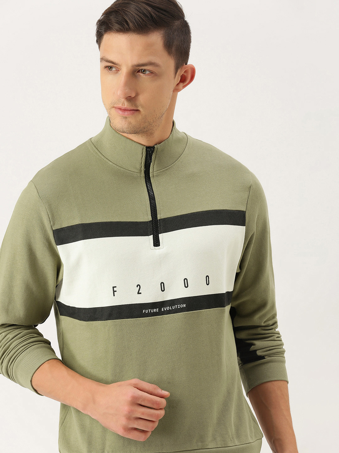 Flying Machine Men Olive Green Colourblocked Pure Cotton Pullover Sweatshirt