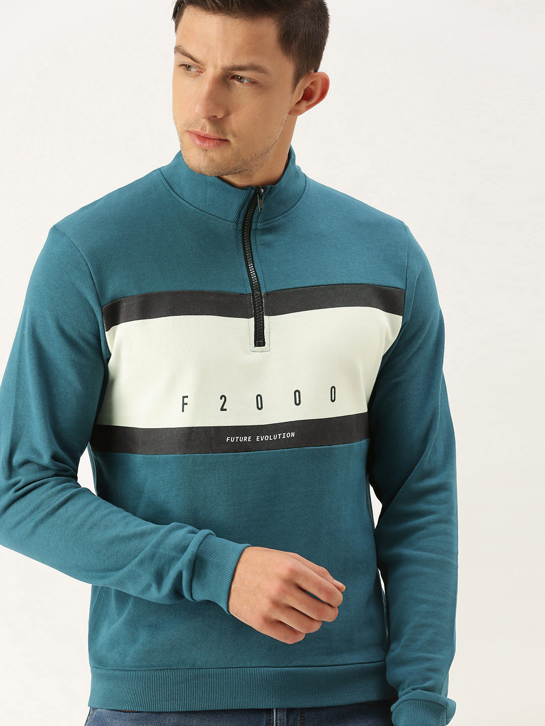 Flying Machine Men Teal Blue & White Colourblocked Pure Cotton Sweatshirt