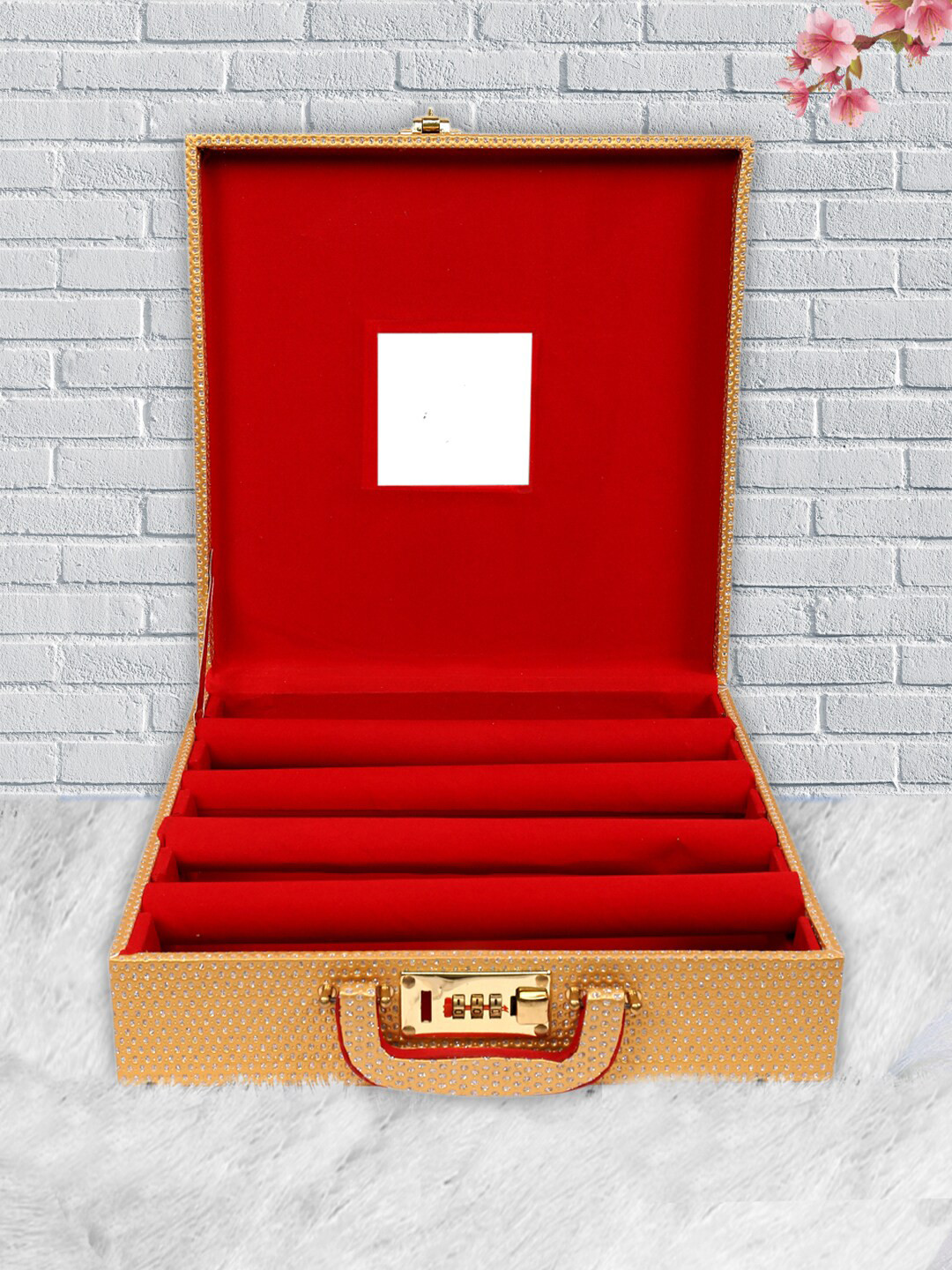 Kuber Industries Gold-Toned Self Design Wooden Bangle Storage Box With Lock System