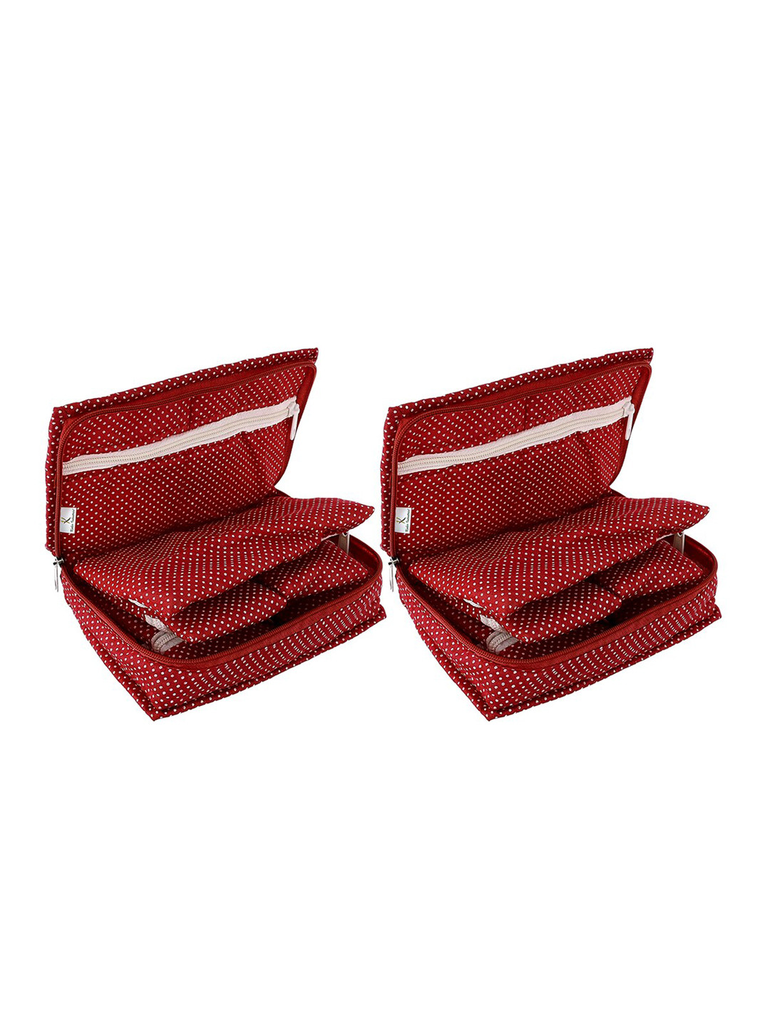 Kuber Industries Pack Of 2 Maroon & White Dot Printed Cotton Jewellery Organizer With 6 Pockets
