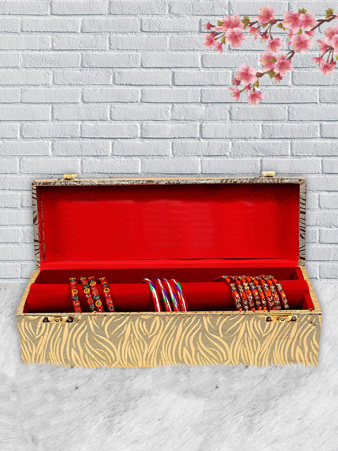 Kuber Industries Gold-Toned & Red Wooden Bangle Box With Lock System