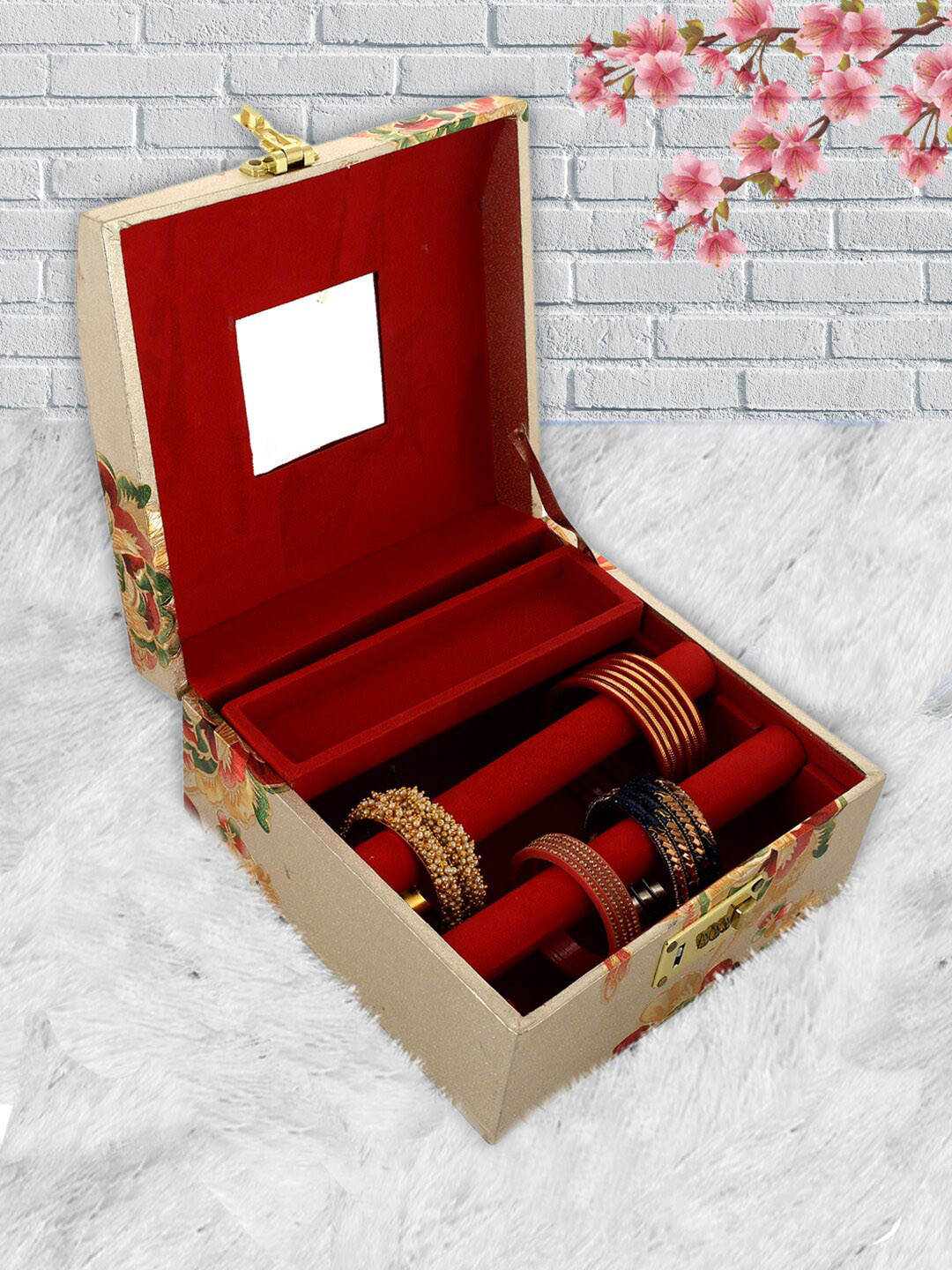 Kuber Industries Gold-Toned & Red Printed Wooden Bangle Storage Box With Number Lock System