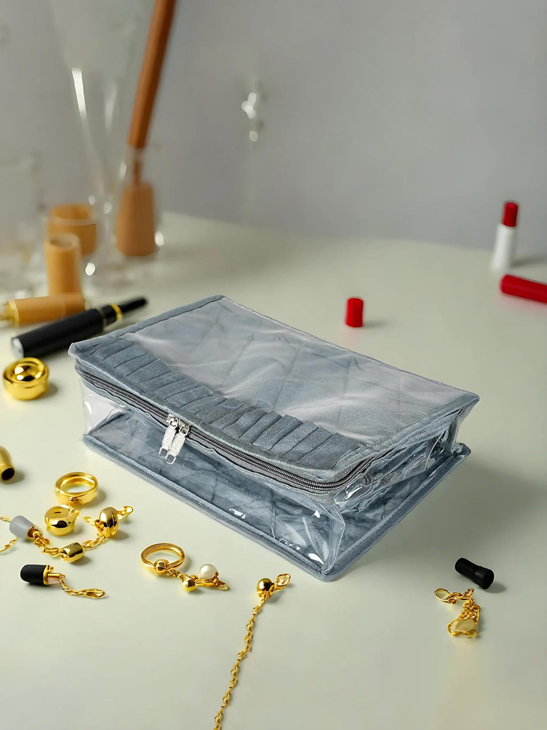Kuber Industries Grey Solid Jewellery Organizer With 13 Transparent Pouches