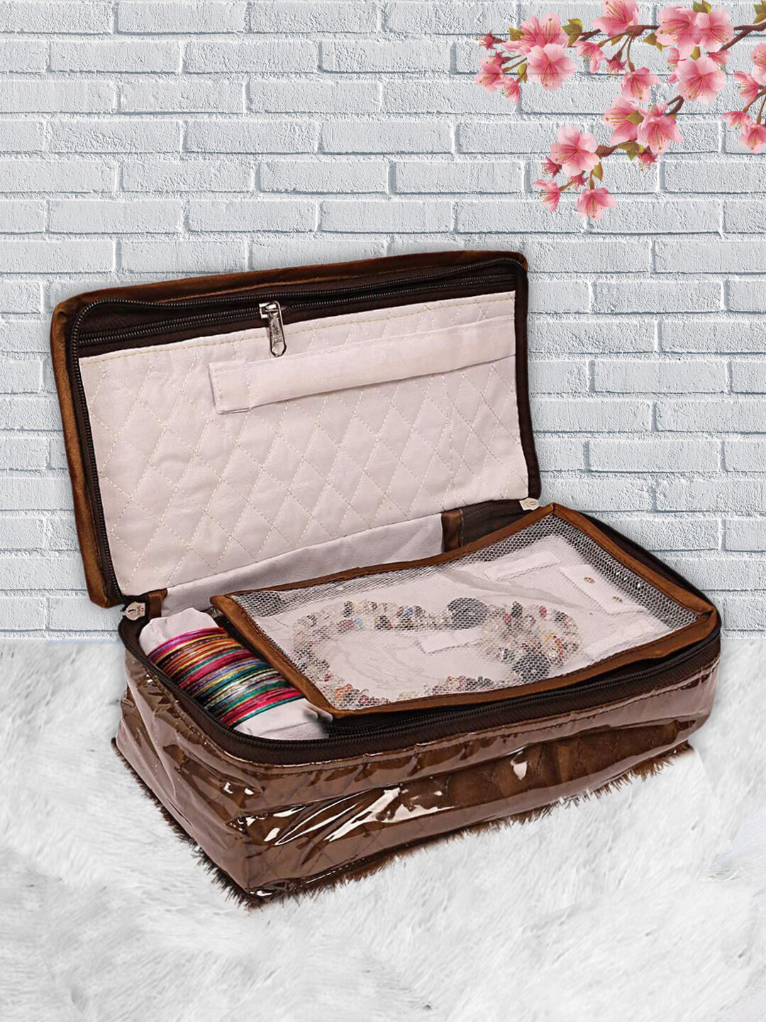 Kuber Industries Brown Solid Laminated Jewellery Organizer With 6 Transparent Pouches & Bangle Rod