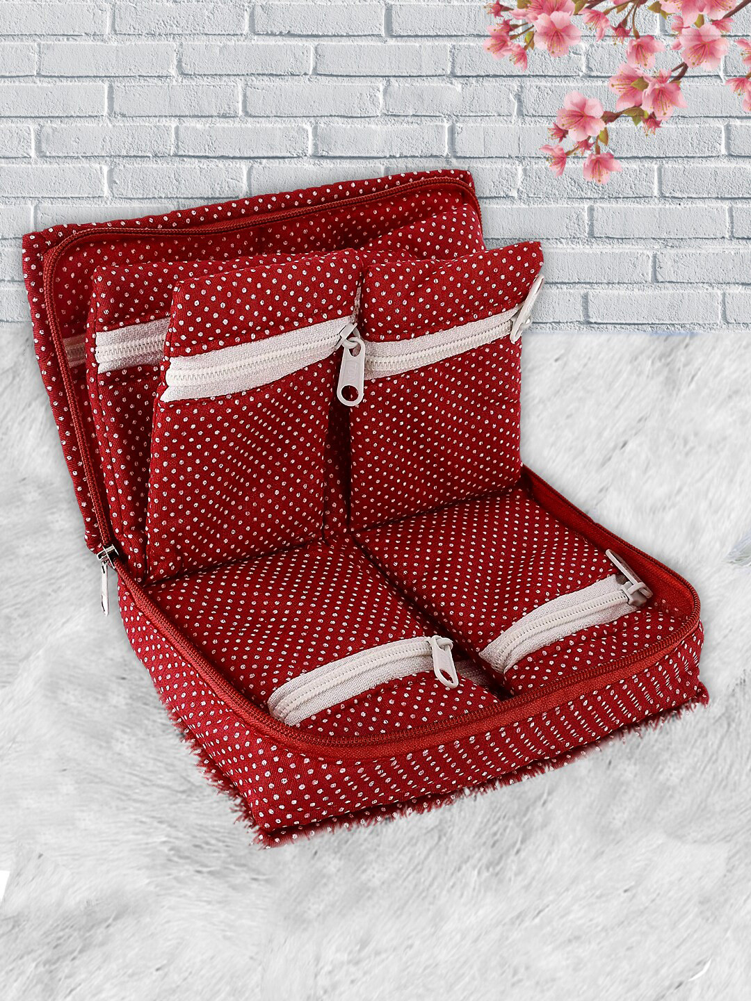 Kuber Industries Red & Beige Printed Cotton Portable Jewellery Organizer