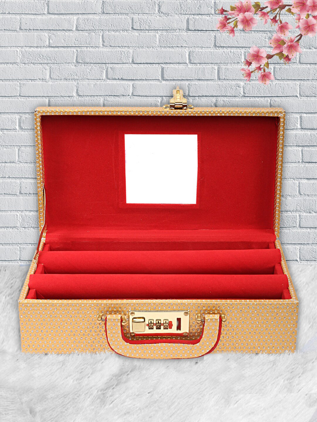 Kuber Industries Gold-Toned Textured Wooden Bangle Box