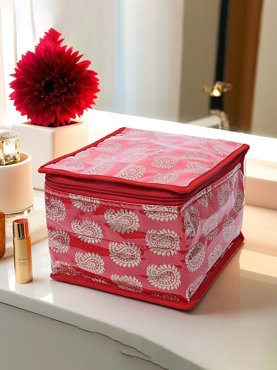 Kuber Industries Maroon Laminated Leaf Design Jewellery Organizer With 10 Transparent Pouches