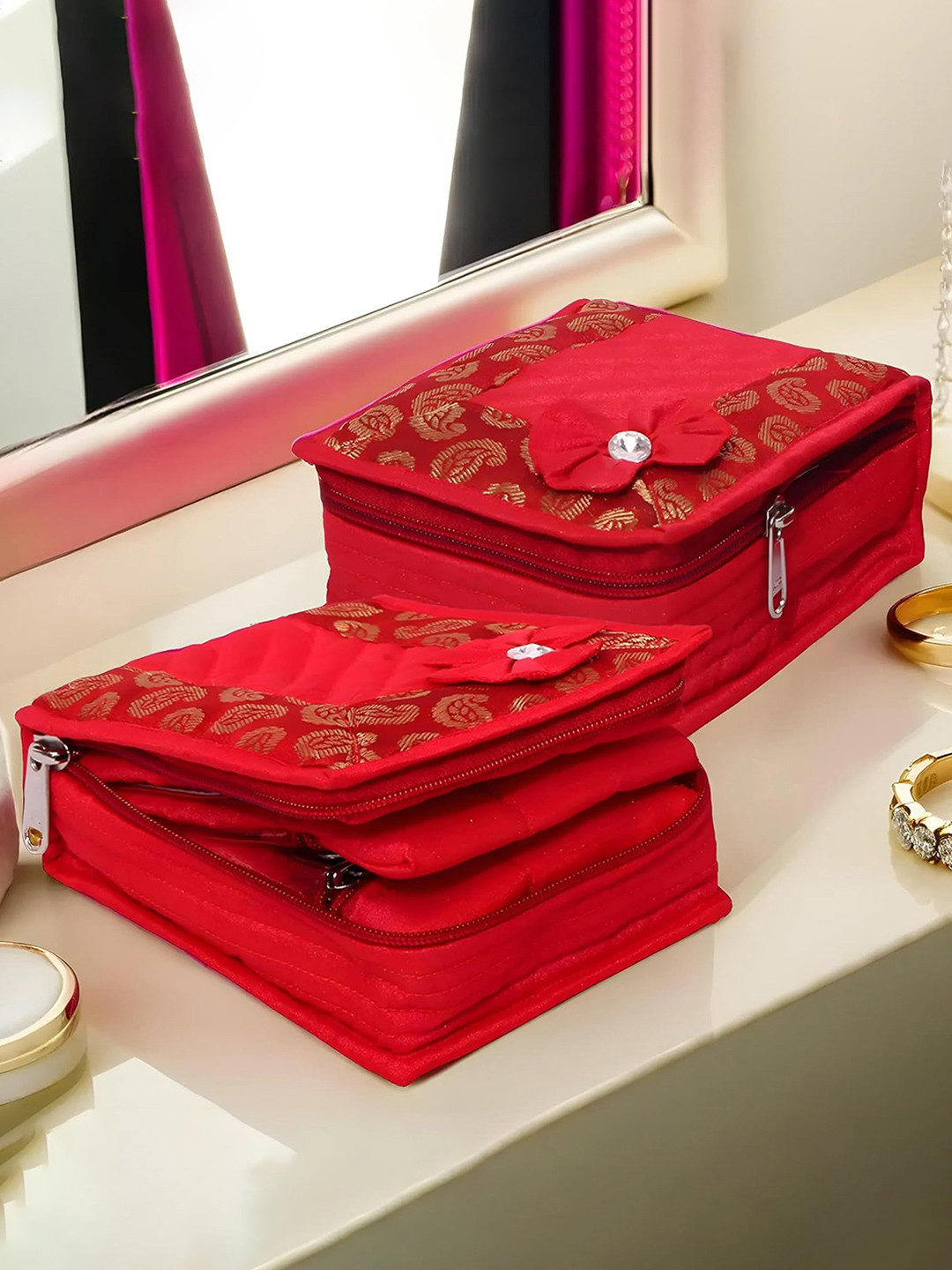 Kuber Industries Set Of 2 Red & Gold-Coloured Printed Cotton Portable Jewellery Organizers