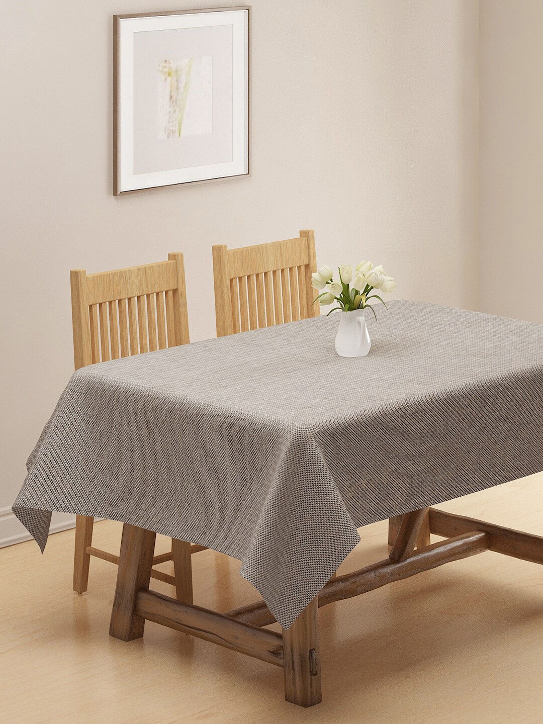 KLOTTHE Grey Solid Woven Design Cotton 6-Seater Rectangular Table Cover