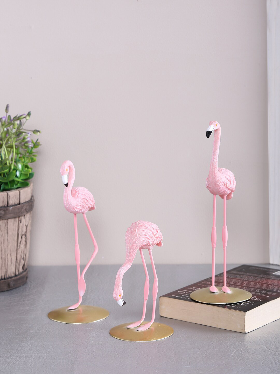 TAYHAA Flamingo Standing Pink Resin Glossy Living Room Set of 3 Medium Showpieces - 7.9 Inches
