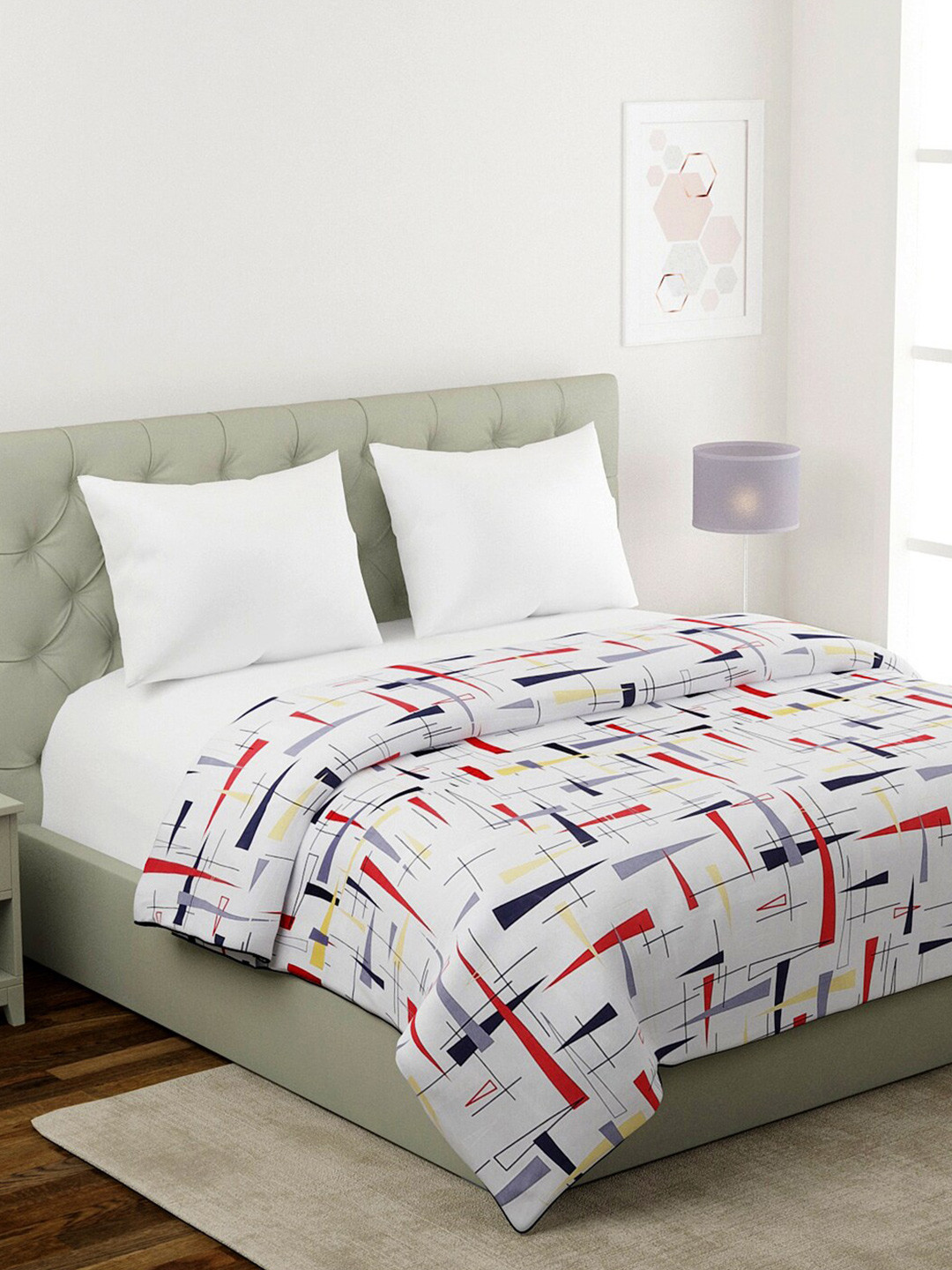 KLOTTHE White & Blue Geometric Mild Winter 210 GSM Double Bed Dohar